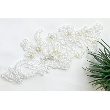 7.5"x2.75" Ivory Bridal Beaded Sequins Embroidery Motif Applique by Pair 